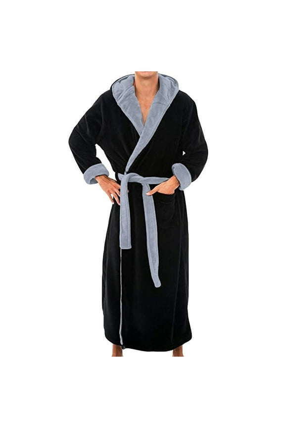 Big and Tall Mens Hooded Robe, Plush Robes for Men Long Fleece Bathrobe Colorblock Spa Bath Robe Black,XXL