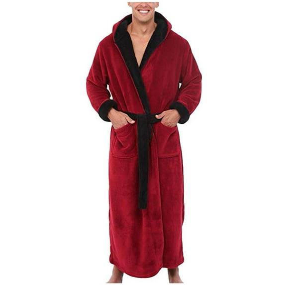 YanHoo Big and Tall Mens Hooded Robe, Plush Robes for Men Long Fleece Bathrobe Colorblock Spa Bath Robe Red,XL