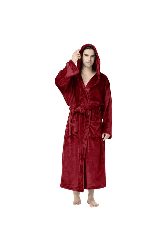 Big and Tall Mens Robe with Hood, Luxury Plush Fleece Hooded Mens Bathrobe, Spa Bath Robe for Men Wine,L