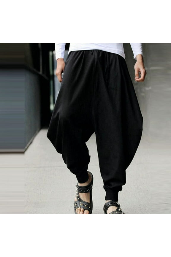 Big and Tall Mens Wide Leg Baggy Pants Casual Cotton Linen Pants Elastic Waist Loose Fit Tapered Trousers with Pockets Black,S