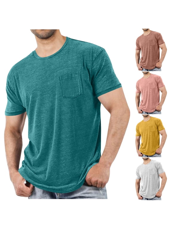 Big and Tall Shirts for Men Vintage Short Sleeve Crewneck Solid Color T-Shirts Summer Casual Workout Tee with Pocket