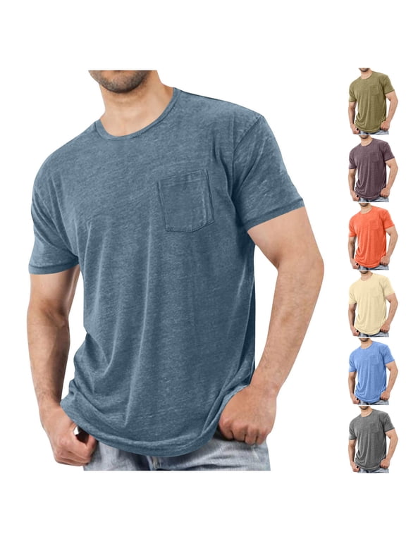 Big and Tall Shirts for Men Vintage Short Sleeve Crewneck Solid Color T-Shirts Summer Casual Workout Tee with Pocket