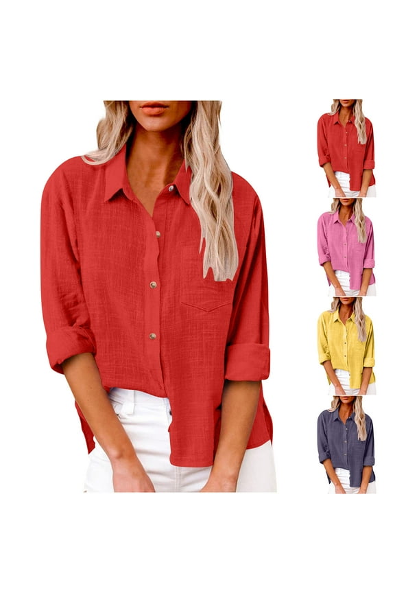 Button Down Shirts for Women Fashion Long Sleeve Lapel Gauze Tops Cotton Linen Shirt Collared Loose Casual Blouses Red,S