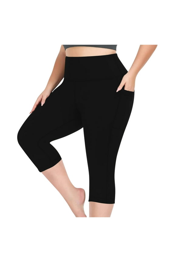 Capri Leggings with Pockets for Women Plus Size High Waisted Yoga Workout Capri Pants Stretchy Tummy Control Leggings Knee Length Leggings Ladies Leggings with Pockets Sale