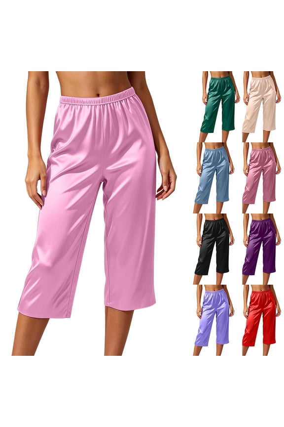 Capris for Women Satin Elastic Waist Pajama Capri Pants Casual Comfy Wide Leg Cropped Trousers