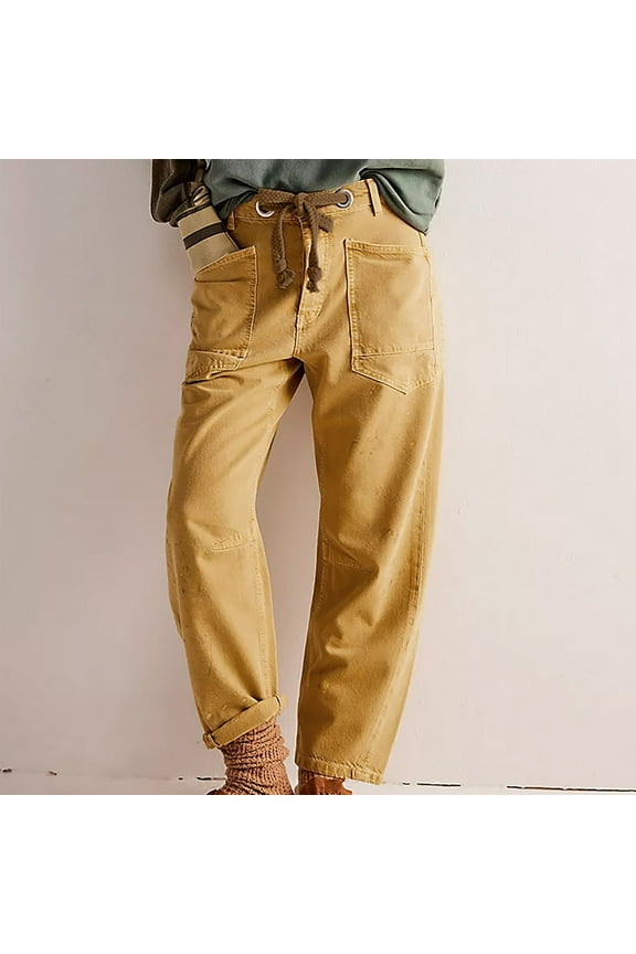 Cargo Jean Pants for Women Drawstring Ankle Cuffs Stretch Denim Pants High Waisted Pockets Straight Wide Leg Jean Casual Baggy Pants Yellow,S