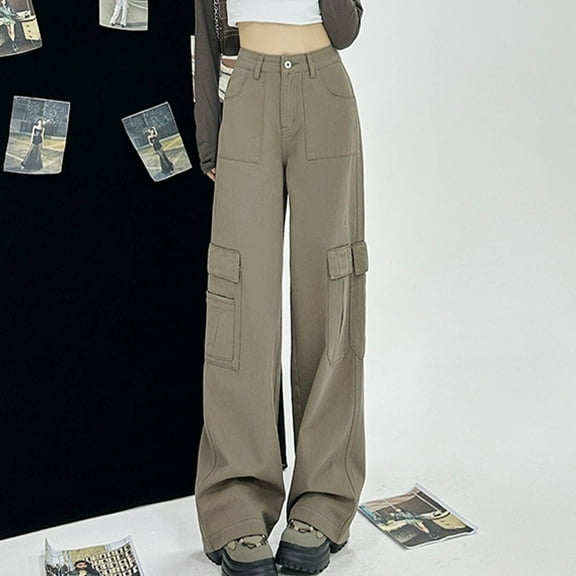 YanHoo Cargo Pants Women High Waist Wide Leg Casual Jeans Pants with 6 Pockets Stretchy Loose Fit Baggy Y2K Trousers Army Green,XS