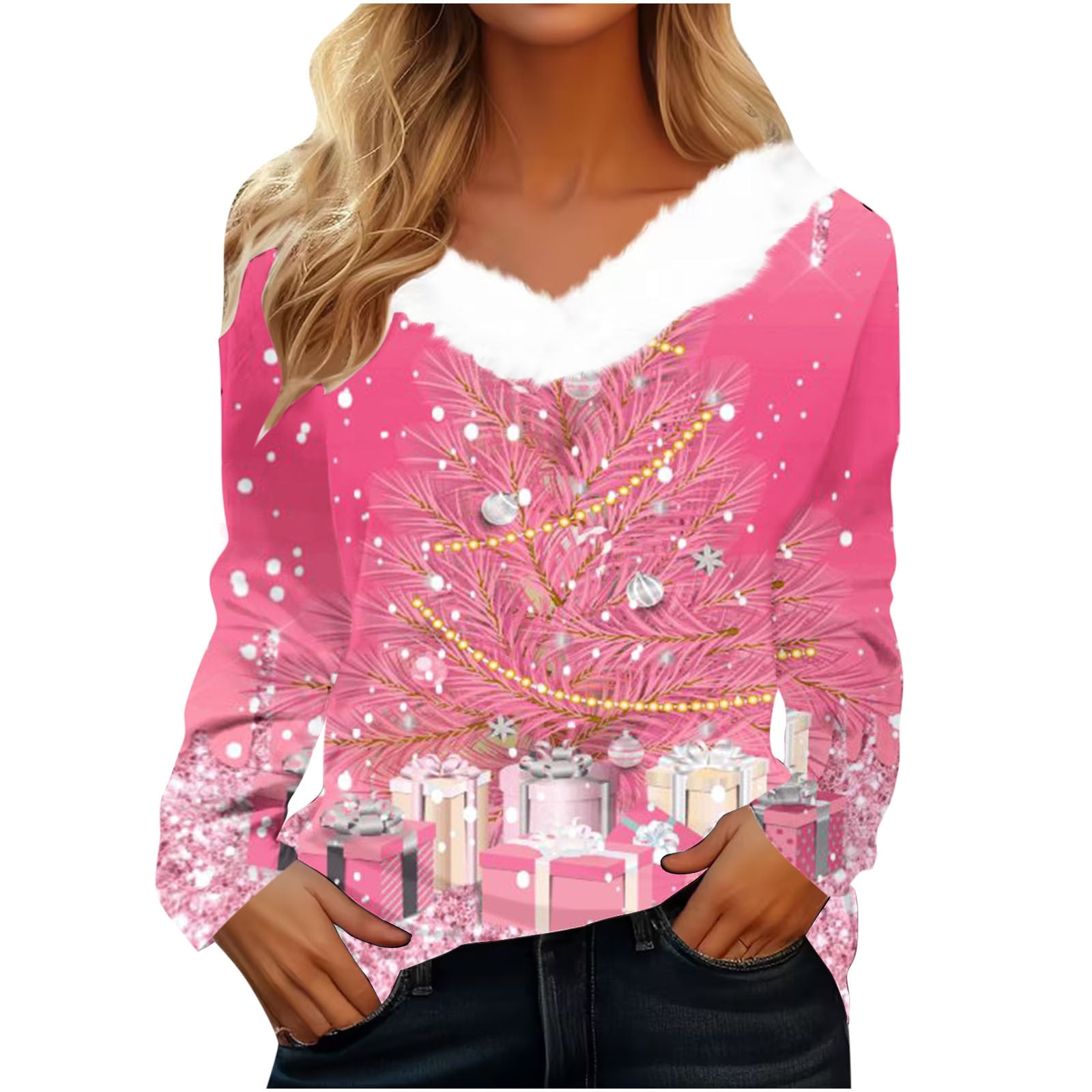 YanHoo Christmas V Neck Womens Long Sleeve Tops Dressy Casual Sexy