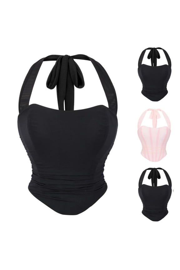 Corset Tops for Women Backless Mesh Breathable Bustier Sleeveless Ruched Halter Crop Top Shapewear for Club Party