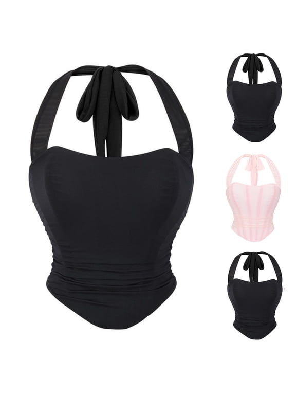 Corset Tops for Women Backless Mesh Breathable Bustier Sleeveless Ruched Halter Crop Top Shapewear for Club Party