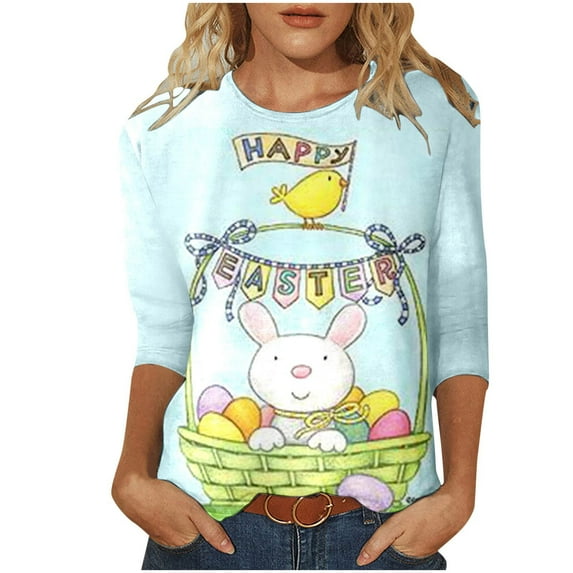 YanHoo Easter 3/4 Sleeve Shirts for Women Plus Size Ladies Easter Shirts Christian 3/4 Sleeve Tunic Tops Pullover Tee Cute Bunny Easter Eggs Graphic T-Shirt
