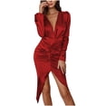 thumbnail image 1 of YanHoo Evening Dresses for Women Elegant Classy V Neck Long Sleeve Ruched Dresses High Waist Split Midi Dress for Cocktail Party, 1 of 7