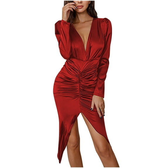 YanHoo Evening Dresses for Women Elegant Classy V Neck Long Sleeve Ruched Dresses High Waist Split Midi Dress for Cocktail Party