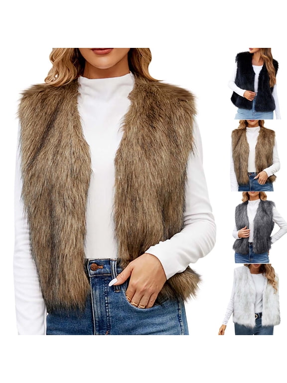 Faux Fur Vest Women Open Front Cardigan Sleeveless Fleece Jacket Fall Winter Cropped Vests Fashion Outfit
