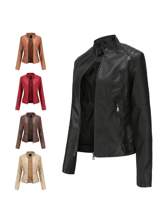 Faux Leather Jackets for Women Motorcycle PU Moto Biker Outwear Coat Slim Fit Jacket