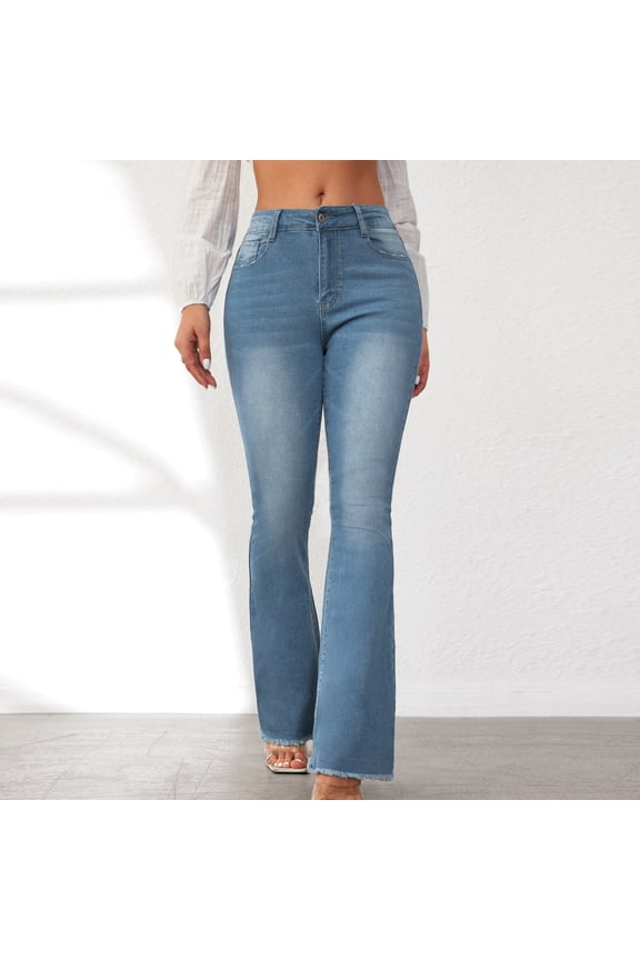 Flare Jeans for Women Stretchy High Waisted Pull On Bell Bottom Jeans Raw Hem Trendy Elastic Denim Pants Blue,S