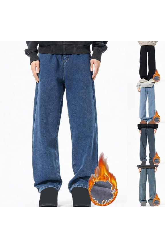 Fleece Lined Jeans Men Thermal Winter Stretch Denim Warm Pants Thickened Stretch Straight Leg Jeans Men with Pockets Dark Blue,XXXL