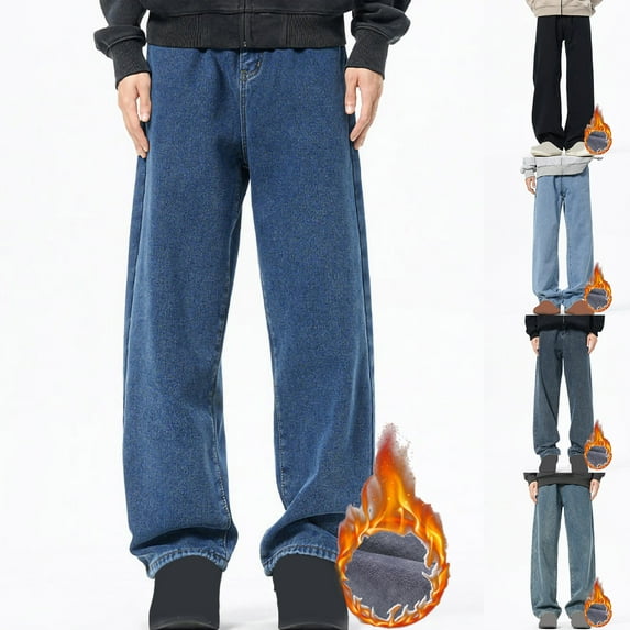YanHoo Fleece Lined Jeans Men Thermal Winter Stretch Denim Warm Pants Thickened Stretch Straight Leg Jeans Men with Pockets Light Blue,L