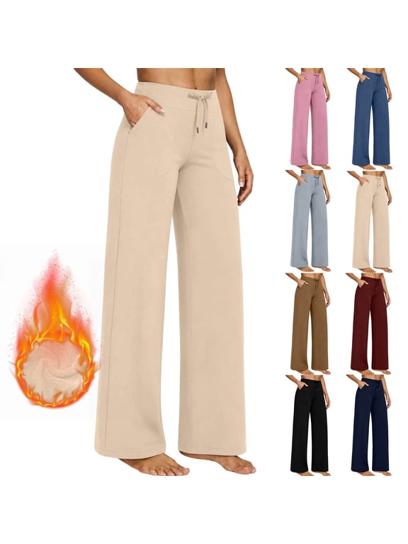 Fleece Lined Pants Women Elastic Waisted Drawstring Wide Leg Leggings Winter Gym Workout Yoga Trousers with Pockets