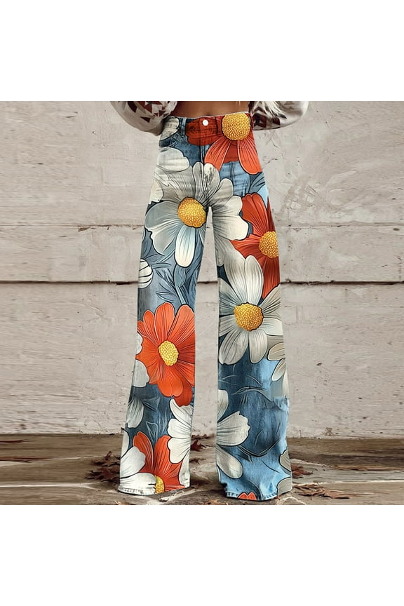 Floral Printed Jeans for Women Wide Leg Baggy Jeans Y2K Mid Waist Distressed Vintage Straight Leg Denim Pants White,L