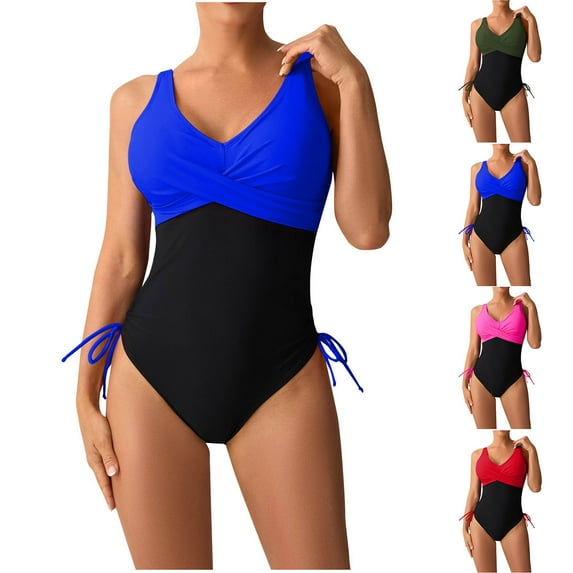 YanHoo Full Coverage Swimsuits for Women 2026 Tummy Control One Piece Swimsuit Push Up Bathing Suits Colorblock Monokinis Red,XXL