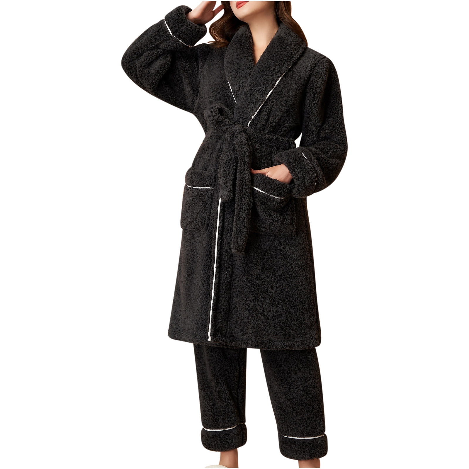 YanHoo Fuzzy Pajama Set for Women Soft Plush Robe and Fleece Pants 2