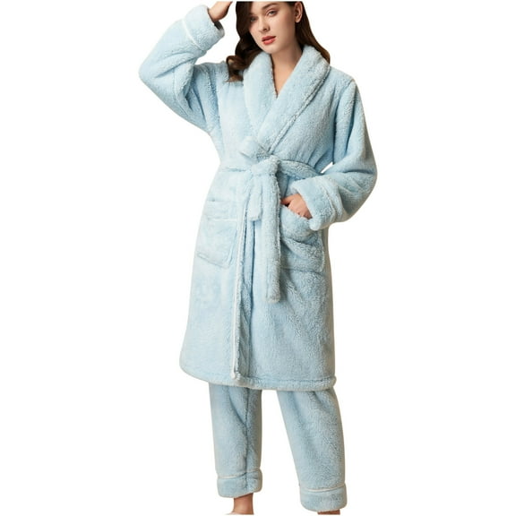 YanHoo Fuzzy Pajama Set for Women Soft Plush Robe and Fleece Pants 2 Piece Sleepwear Loungewear Warm House Coat