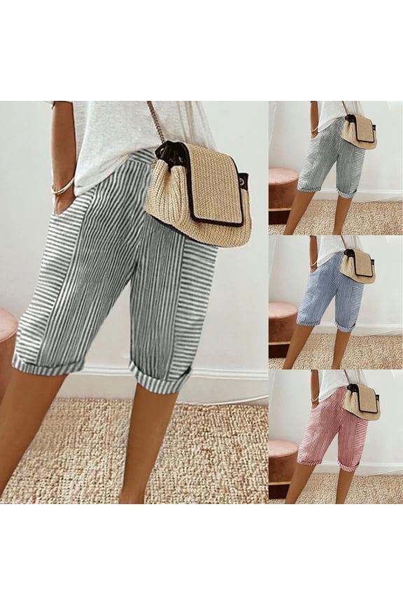 Gauze Bermuda Shorts for Women Elastic Waist Striped Knee Length Shorts Summer Straight Casual Short with Pockets Pink,XL