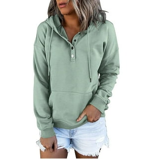 Women Casual Button V Neck Hoodies Loose Thread Hem Hoodie