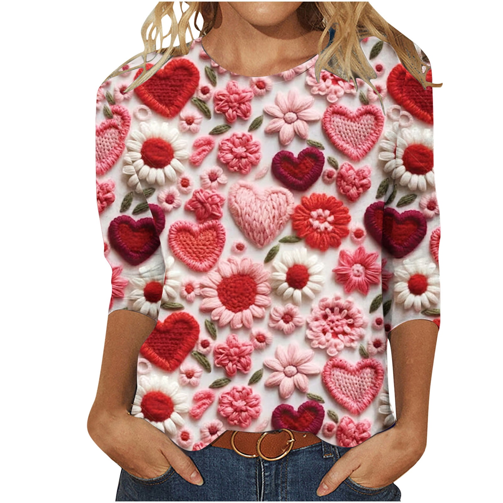 YanHoo Heart Print Shirt Women Valentine's Day 3/4 Sleeve Shirts