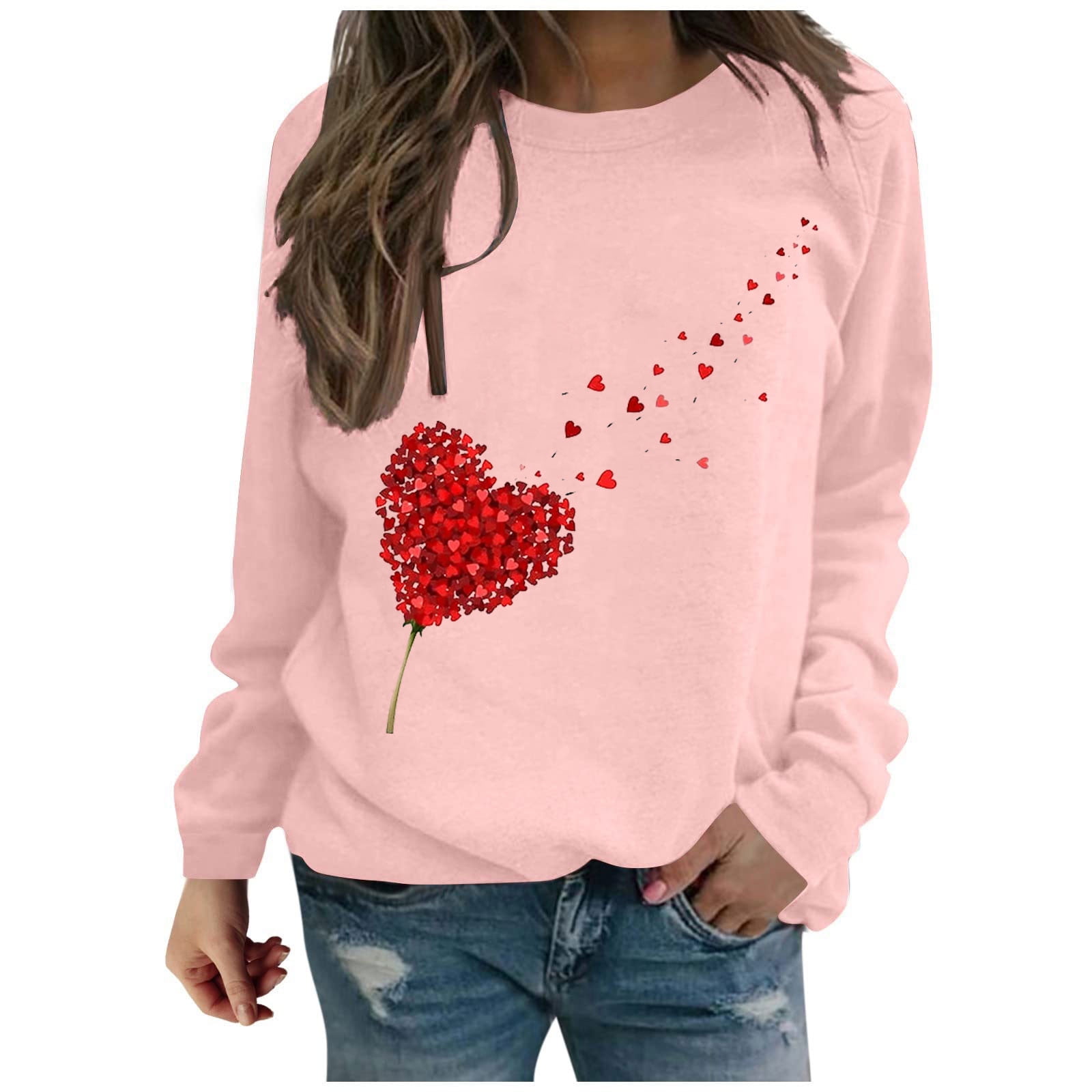 YanHoo Heart Sweatshirt for Girls Crewneck Sweatshirts Women Valentine Day Tops Cute Valentine Day Sweatshirt Long Sleeve Y2K Heart Print Pullover Shirts Women Valentine Day Gifts under 10 dollars