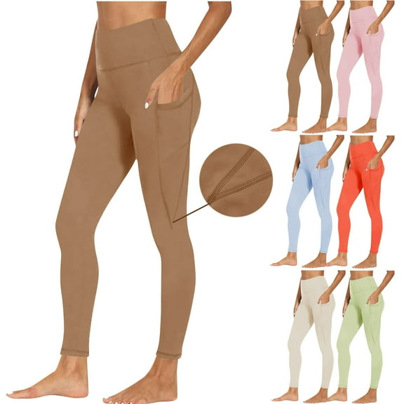 YanHoo High Waist Yoga Pants with Pockets, Women Buttery Soft Stretchy Athletic Workout Running Yoga Leggings Brown,S