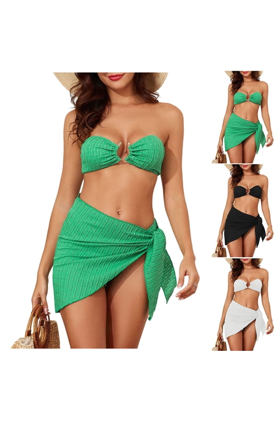High Waisted Bikini Set for Women 2 Piece Strapless Solid Color Swimsuits Tie Side Asymmetrical Hem Bathing Suit