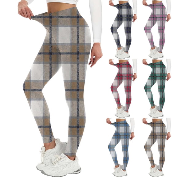 YanHoo High Waisted Leggings for Women Plaid Color Block Patchowrk Soft Active Tights Tummy Control Pants for Yoga Running & Daily Wear Khaki,L