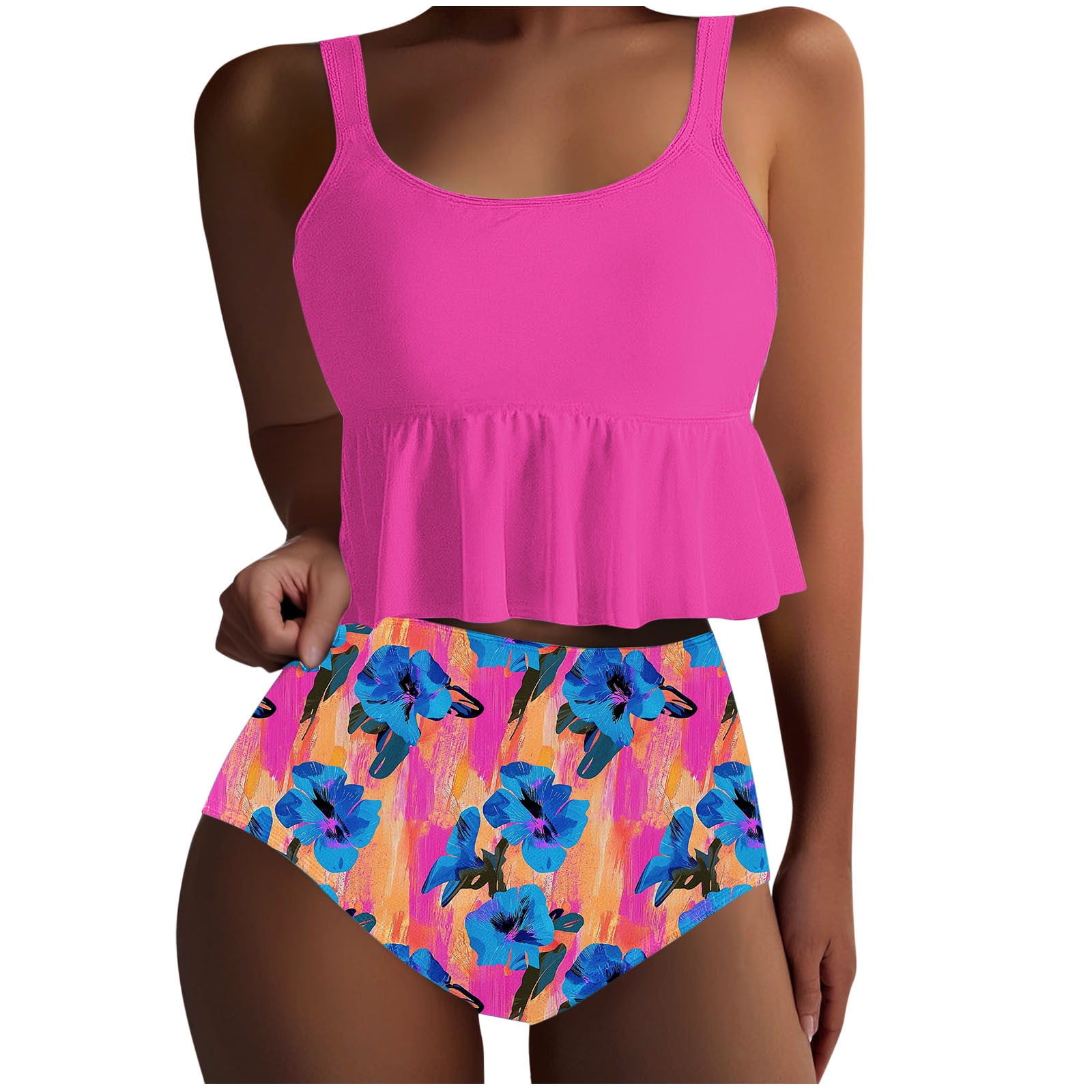 Zando Ribbed High Waisted Bikini Set For Women - 2 Piece Tummy Control Swimsuit With Adjustable Straps & Removable Padding (2025 Color Block Style)