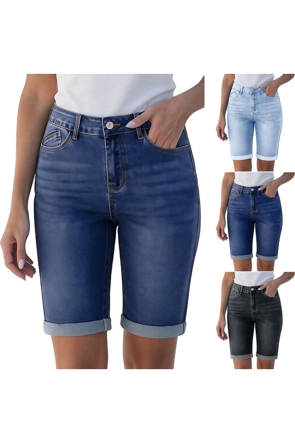 Jean Shorts for Women High Waist Stretchy Denim Short Pants Casual Solid Color Bermuda Shorts with Pockets