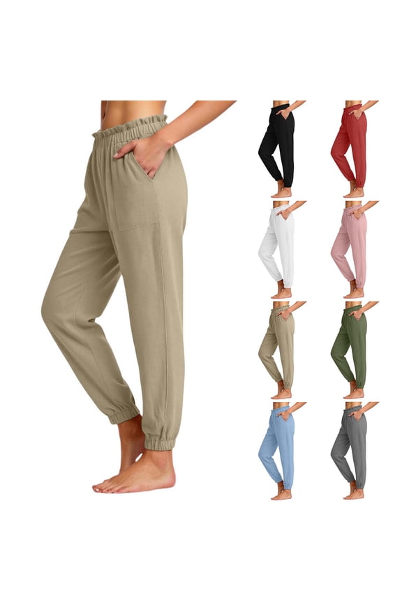Joggers Pants for Women Cotton Linen Ruffle Elastic Waist Sweatpants Solid Color Casual Workout Trousers with Pockets