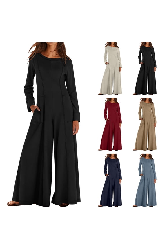 Jumpsuits for Women Pleated Long Sleeve Crewneck Solid Color Jumpsuit Casual Wide Leg Pants Rompers with Pockets