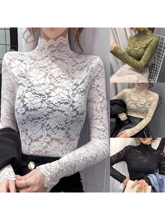 Lace Turtleneck Tops for Women Long Sleeve Sheer See Through T-Shirts Slim Fit Mesh Undershirt Going Out Party Shirts