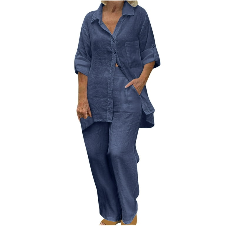 YanHoo Linen 2 Pieces Outfits Long Sleeve Button Down Shirts with Baggy  Wide Leg Pants Sets Loungewear Plus Size Womens Clothes 