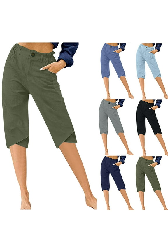 Linen Bermuda Shorts for Women Elastic Waist Tulip Hem Gauze Knee Length Shorts Summer Comfy High Rise Half Pants Gray,L