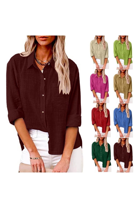 Linen Button Down Shirt Women Long Sleeve V Neck Collared Blouses Casual Summer Loose Fit Cotton Gauze Blouse 2026 Wine,M