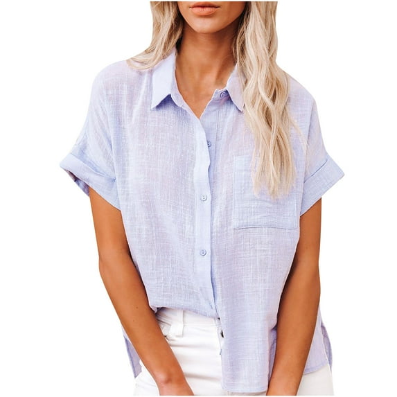 YanHoo Linen Shirt Women Plus Size Button Down Shirt Business Short Sleeve Cotton Linen Shirts Ladies Solid Casual Dress Shirts Tops