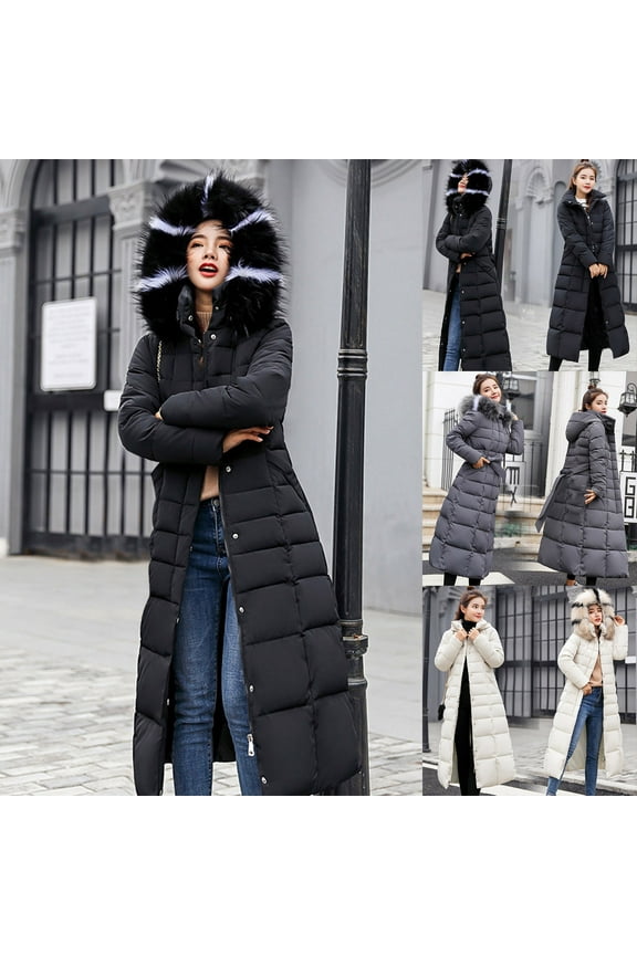 Long Down Coats for Women Winter Warm Padded Jackets Maxi Length Quilted Coat Zip Up Puffer Jacket with Faux Fur Hood Black,XXXL