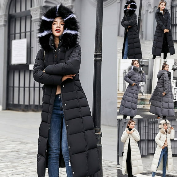YanHoo Long Down Coats for Women Winter Warm Padded Jackets Maxi Length Quilted Coat Zip Up Puffer Jacket with Faux Fur Hood White,XXL