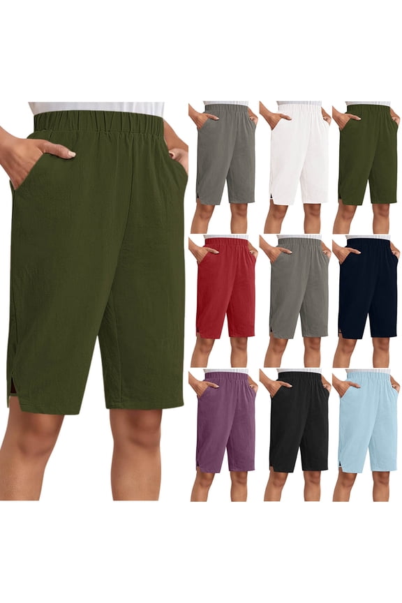 Long Shorts for Women Cotton Gauze Bermuda Shorts Solid Side Notch Knee Length Short Elastic Waist Casual Half Pants Wine,M