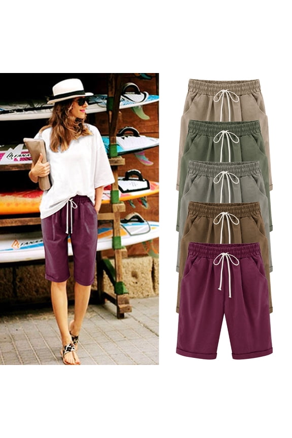Long Shorts for Women Cotton Gauze Solid Bermuda Shorts Drawstring Waist Comfy Casual Knee Length Short with Pockets Wine,XXXL