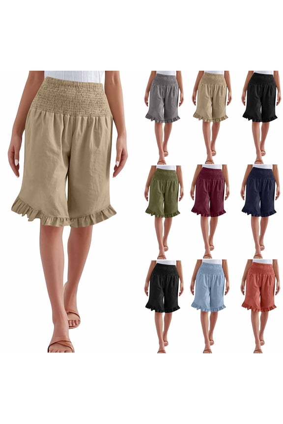 Long Shorts for Women Smocked Waist Straight Cotton Gauze Bermuda Shorts Summer Plain Ruffled Hem Knee Length Short Black,S