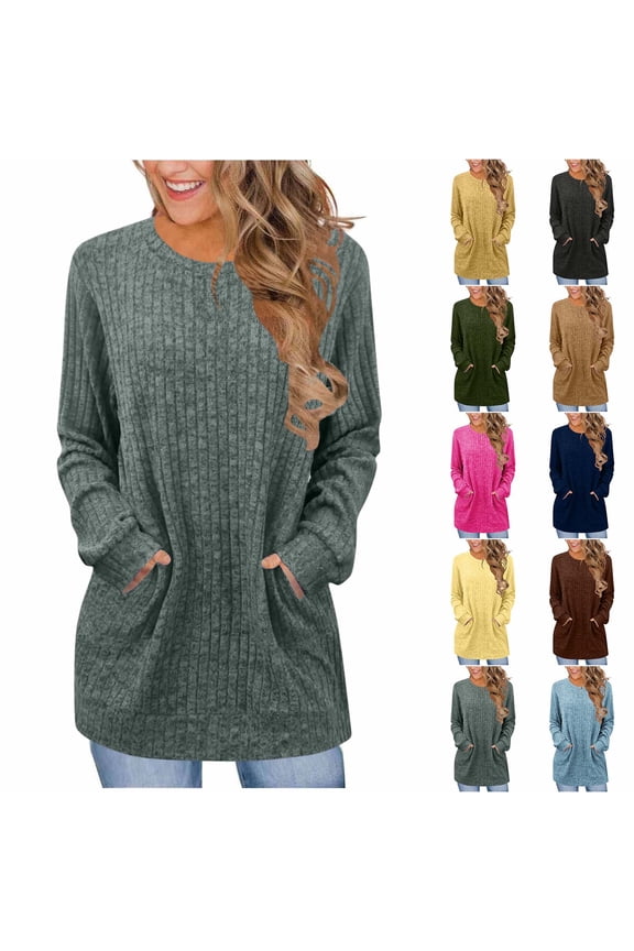 Long Sleeve Ribbed Knit Shirts for Women 2026 Fall Clothes Tunic Tops Loose Fit Dressy Crewneck Pullover Sweaters with Pockets Khaki,XL