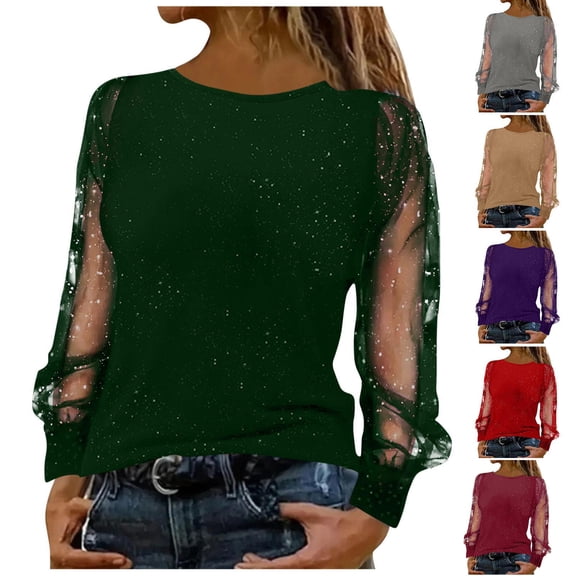 YanHoo Long Sleeve Shirts for Women Sparkly Mesh Sheer Top Boatneck Dressy Casual Blouses Tshirts Spring Fall Loose Fit Tunic Tops Gray,XXL